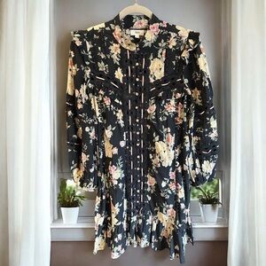 RAHI x FREE PEOPLE Bouquet Tunic‎ Dress Ruffles Navy Floral Embroidered S